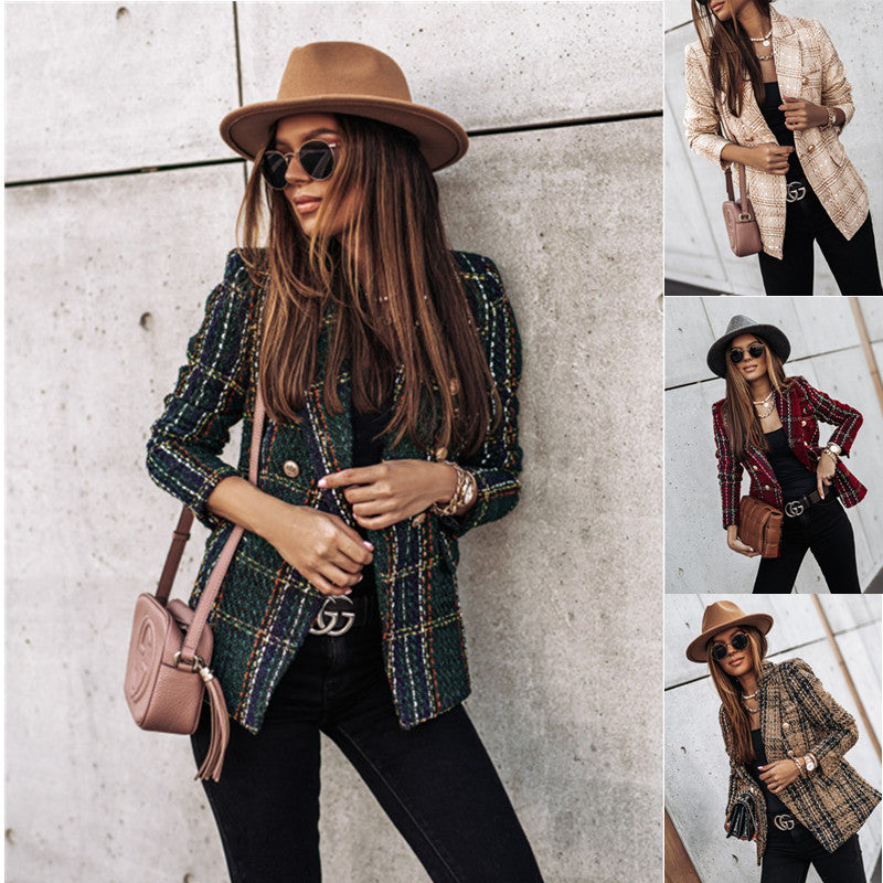 Tweed Plaid Double-Breasted Blazer