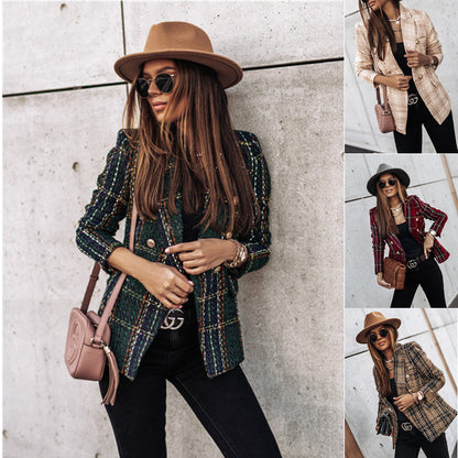 Tweed Plaid Double-Breasted Blazer