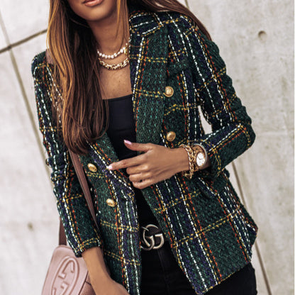Tweed Plaid Double-Breasted Blazer