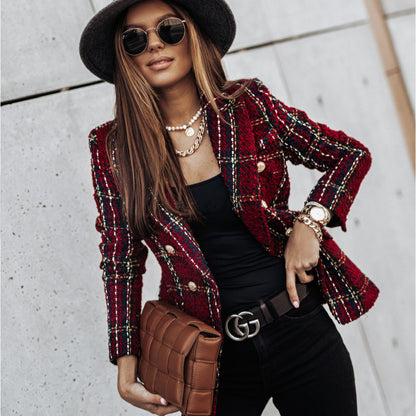 Tweed Plaid Double-Breasted Blazer