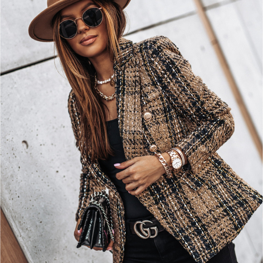 Tweed Plaid Double-Breasted Blazer