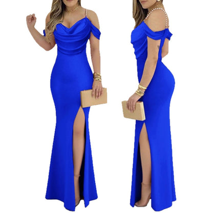 Bodycon Maxi Dress with Off-Shoulder Cowl Neck and Slit