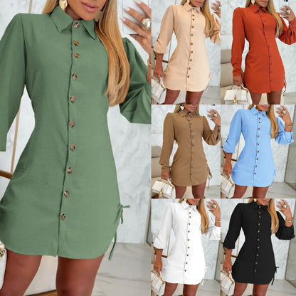 Long Sleeve Mini Shirt Dress with Side Drawstrings