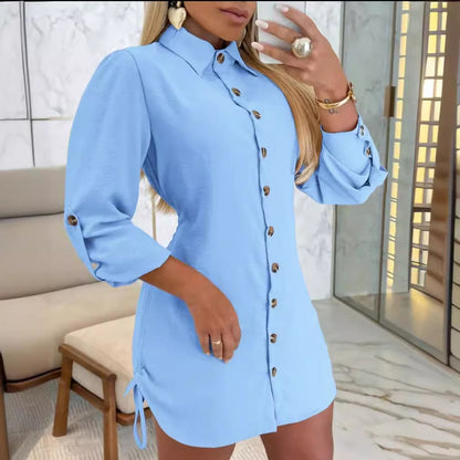 Long Sleeve Mini Shirt Dress with Side Drawstrings