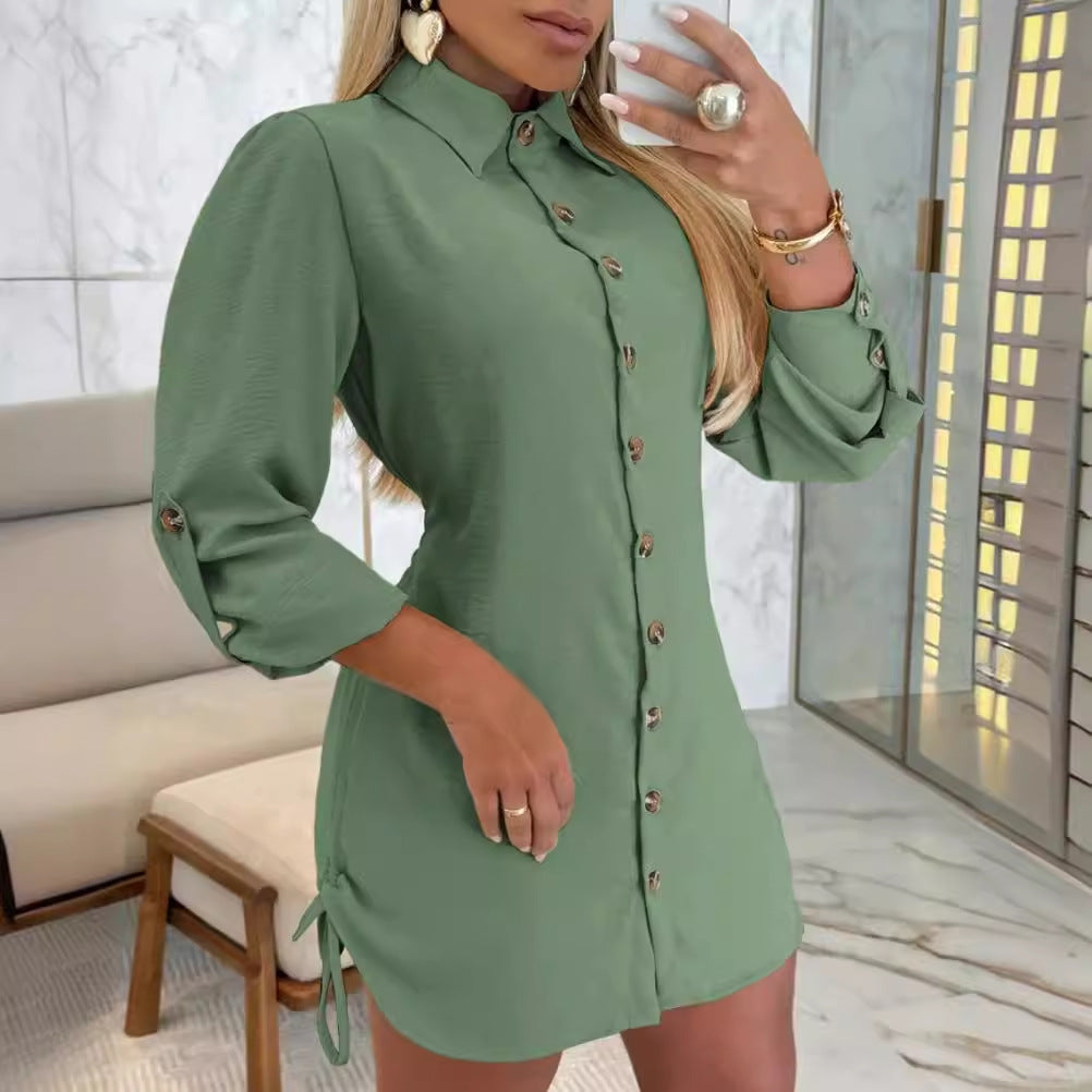 Long Sleeve Mini Shirt Dress with Side Drawstrings