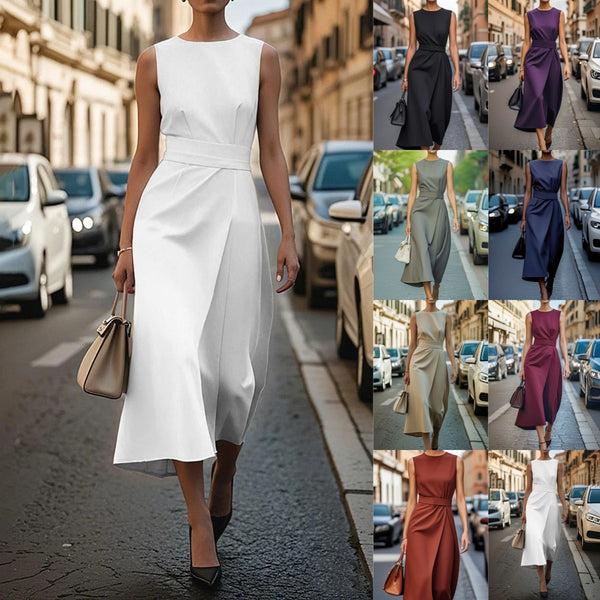Sleeveless Midi Dress with Wrap Waist and Round Neck