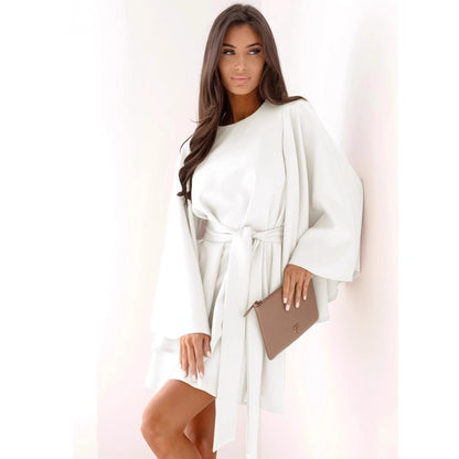 Solid Mini Dress with Bell Sleeves and Tie-Waist