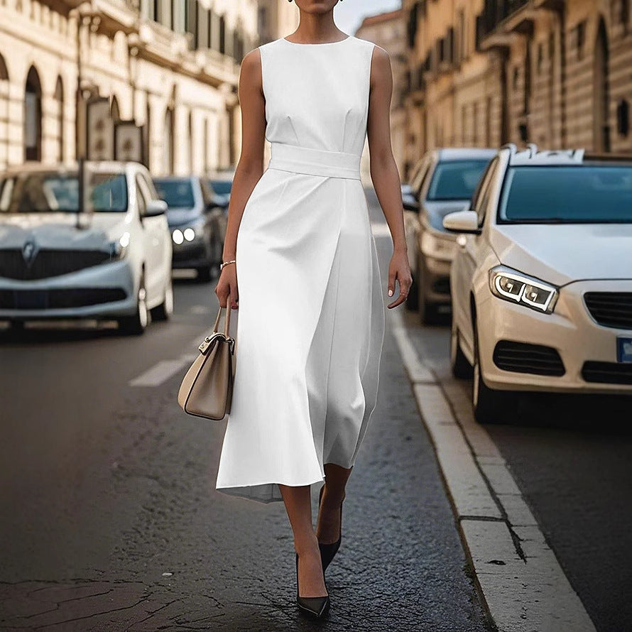 Sleeveless Midi Dress with Wrap Waist and Round Neck