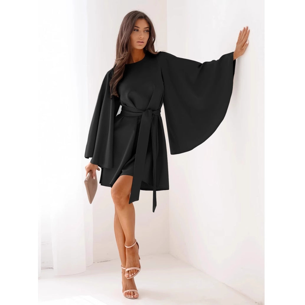 Solid Mini Dress with Bell Sleeves and Tie-Waist