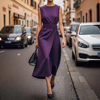 Sleeveless Midi Dress with Wrap Waist and Round Neck