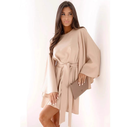 Solid Mini Dress with Bell Sleeves and Tie-Waist