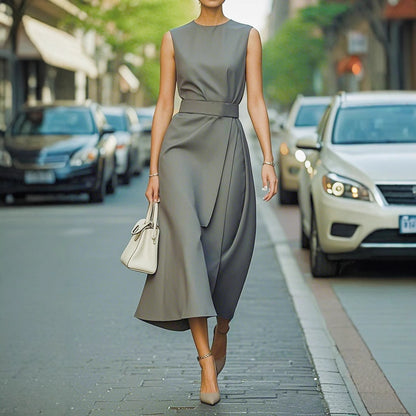 Sleeveless Midi Dress with Wrap Waist and Round Neck
