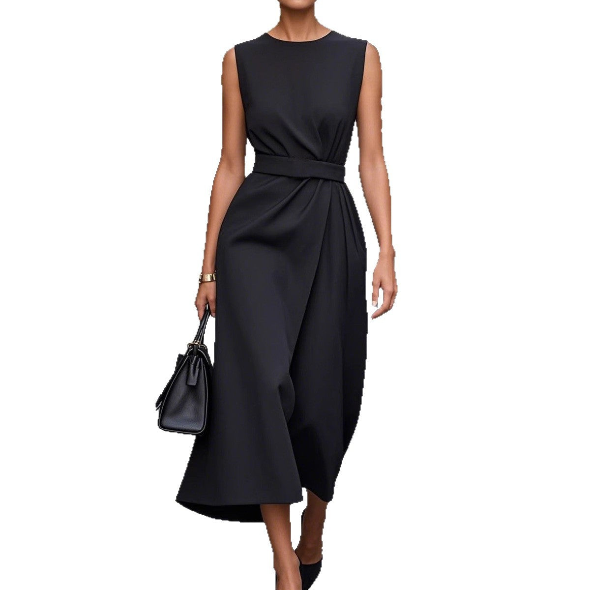 Sleeveless Midi Dress with Wrap Waist and Round Neck