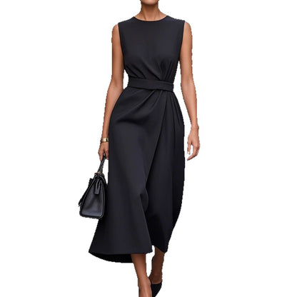Sleeveless Midi Dress with Wrap Waist and Round Neck