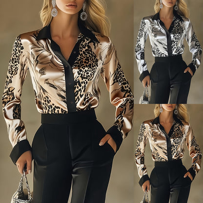 Leopard & Floral Print Satin Blouse with Point Collar