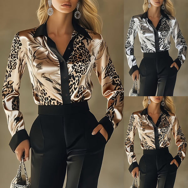 Leopard & Floral Print Satin Blouse with Point Collar
