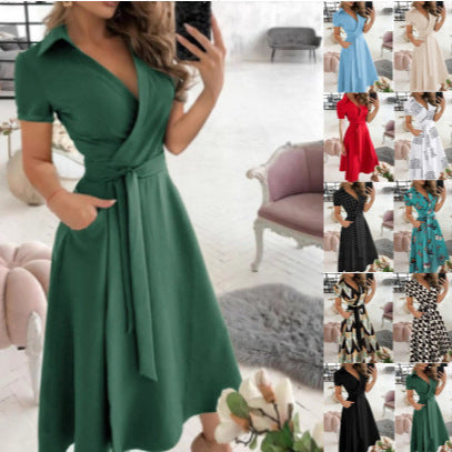 Solid Wrap Midi Dress with Collared V-Neck and Tie-Waist