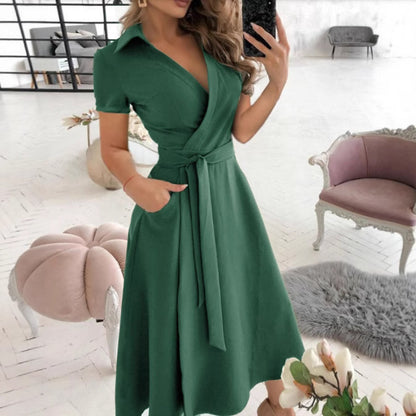 Solid Wrap Midi Dress with Collared V-Neck and Tie-Waist