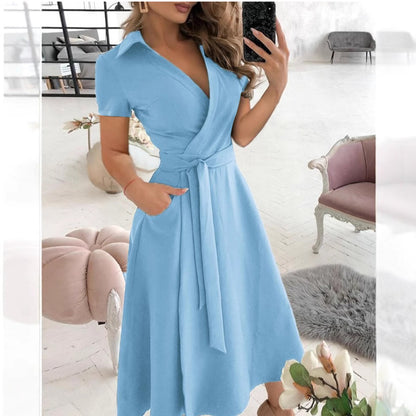Solid Wrap Midi Dress with Collared V-Neck and Tie-Waist