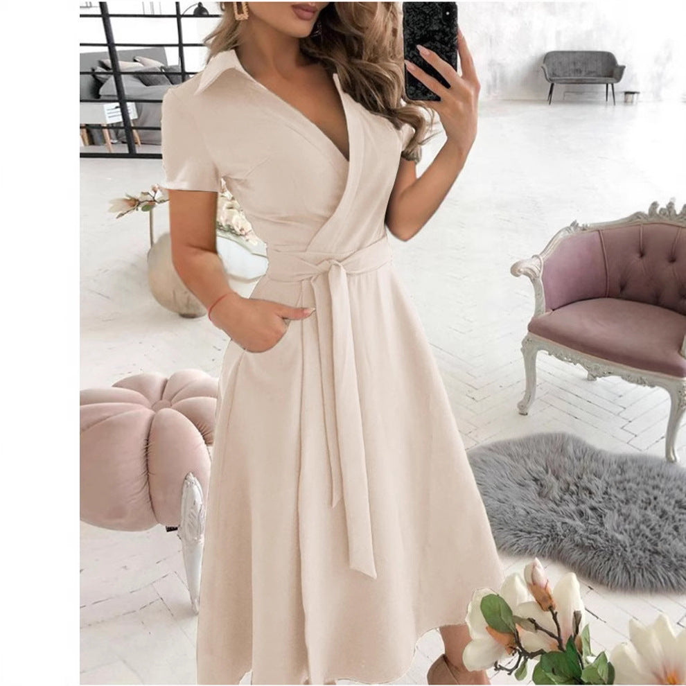 Solid Wrap Midi Dress with Collared V-Neck and Tie-Waist