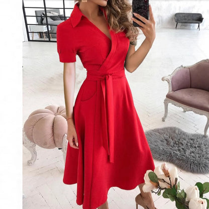 Solid Wrap Midi Dress with Collared V-Neck and Tie-Waist