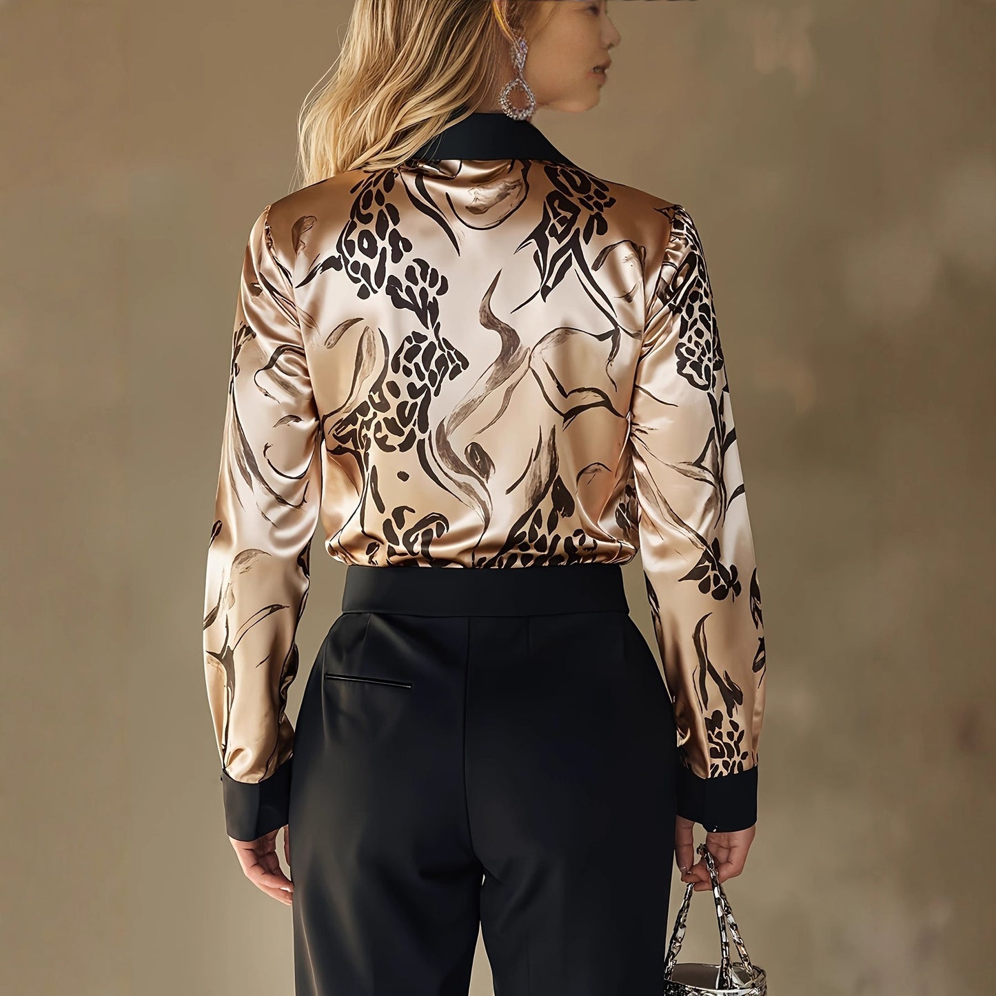 Leopard & Floral Print Satin Blouse with Point Collar