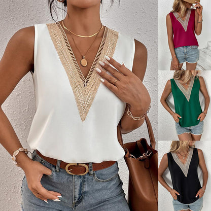 Solid Sleeveless Tank Top with Lace Stitching V-Neck
