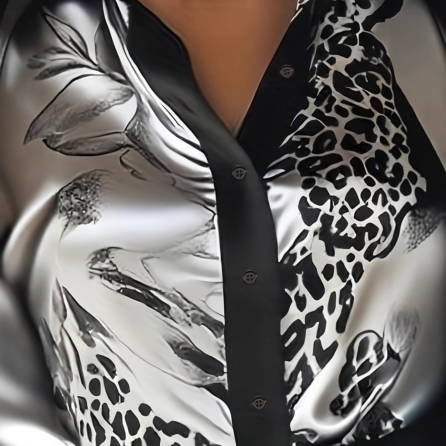 Leopard & Floral Print Satin Blouse with Point Collar