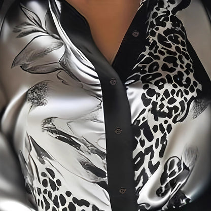 Leopard & Floral Print Satin Blouse with Point Collar