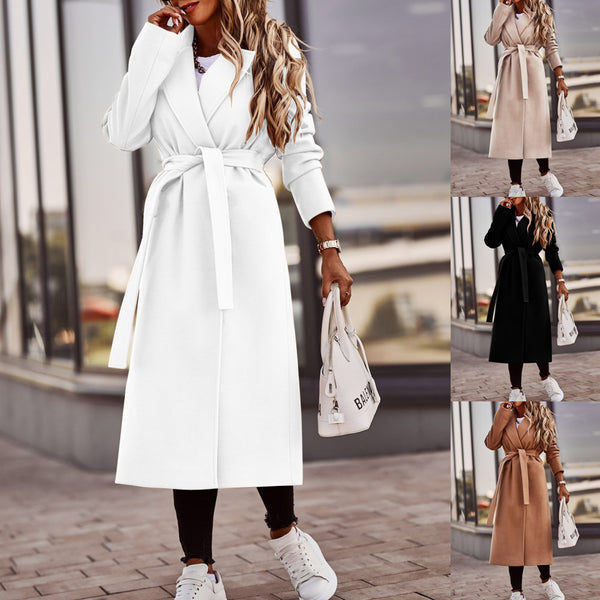 Long Faux Wool Wrap Coat with Tie-Waist and Shawl Collar