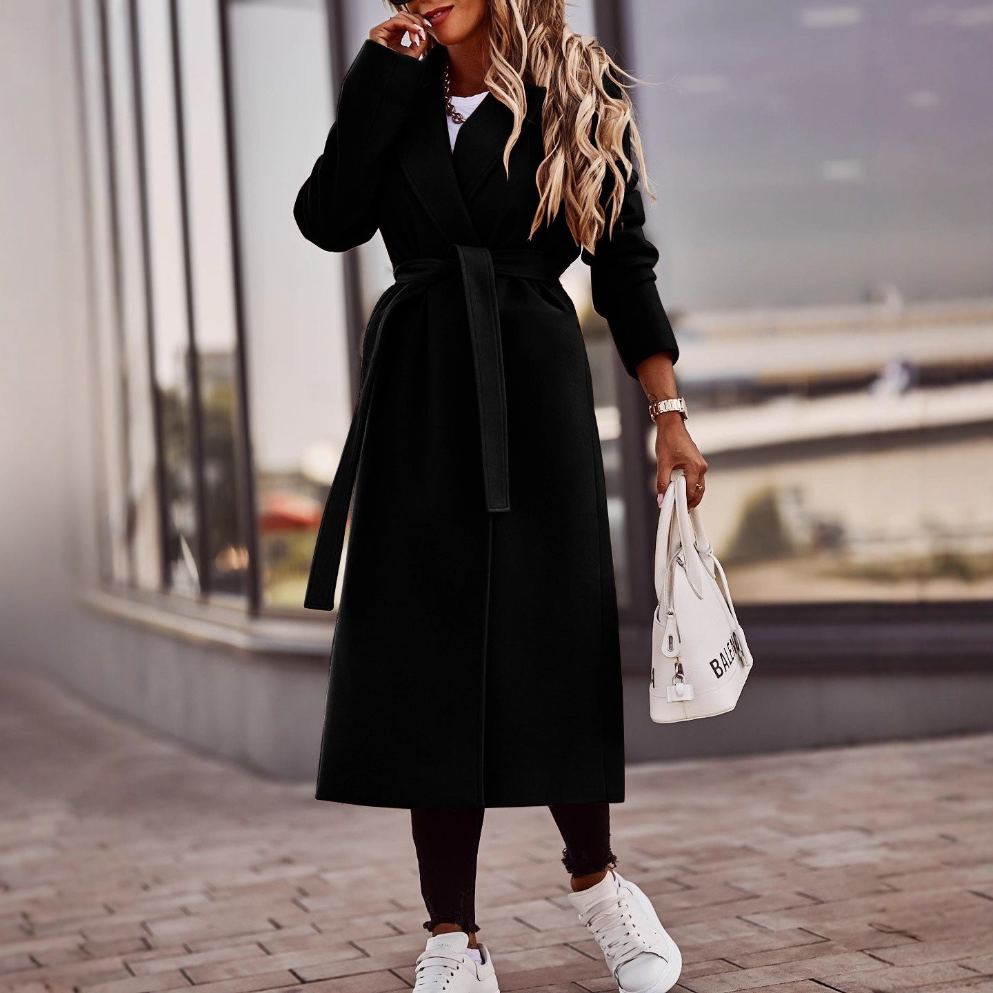 Long Faux Wool Wrap Coat with Tie-Waist and Shawl Collar