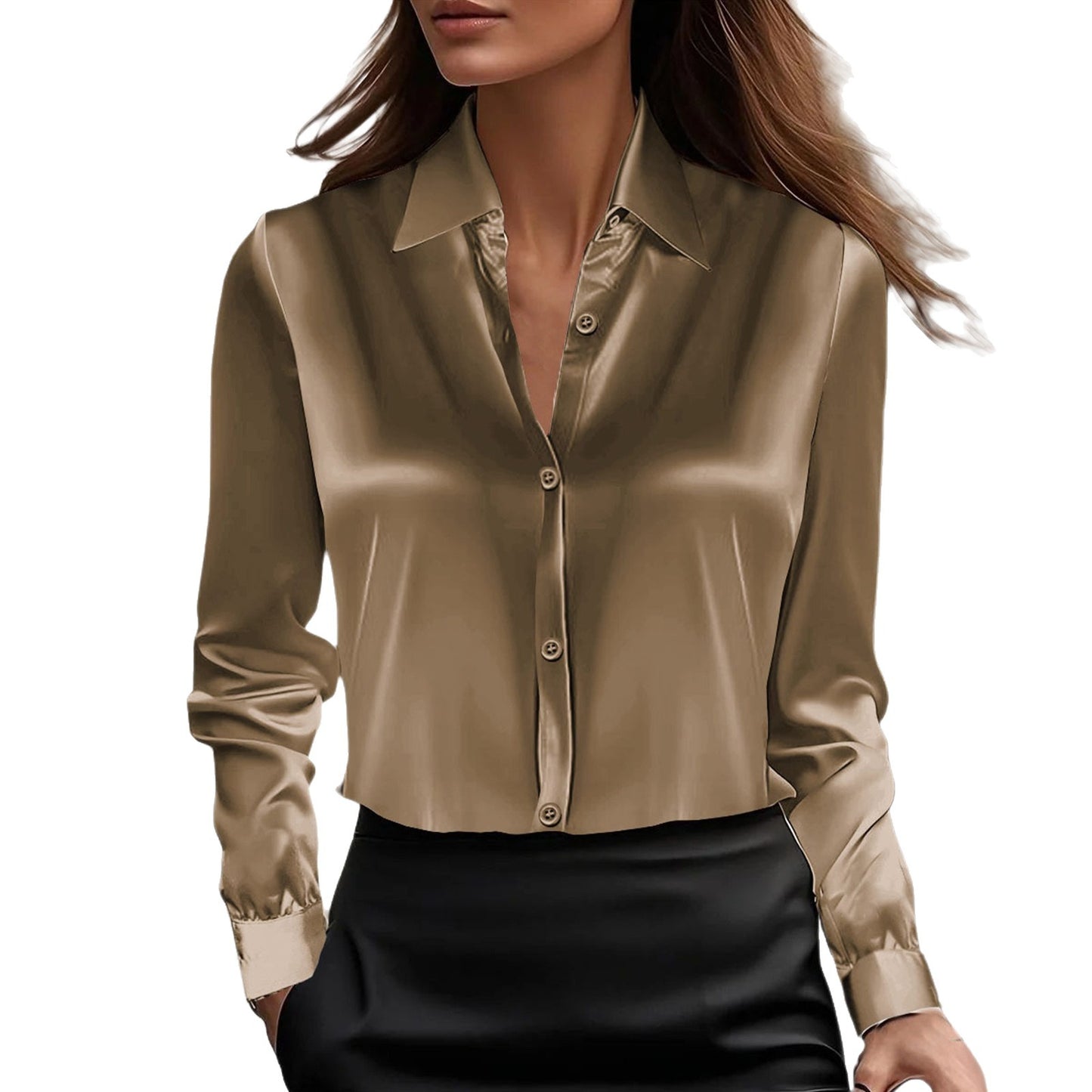 Solid Satin-Finish Button-Down Blouse with Lapel