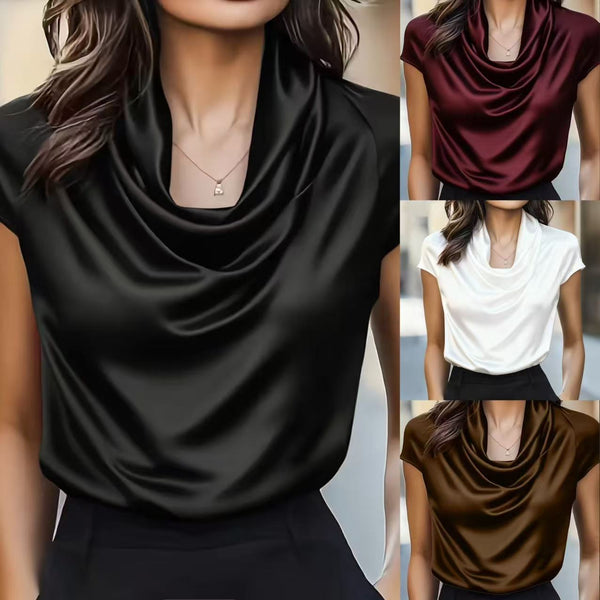 Solid Draped Short Sleeve Top with Cowl Neck