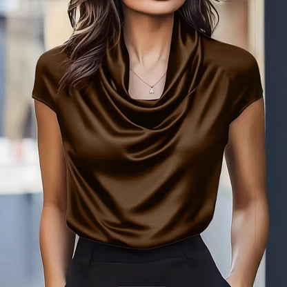 Solid Draped Short Sleeve Top with Cowl Neck