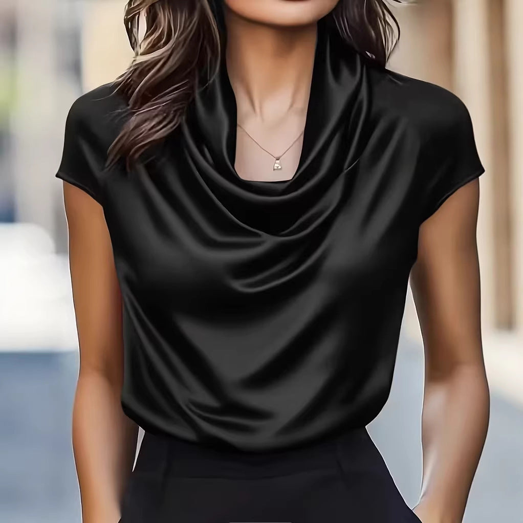 Solid Draped Short Sleeve Top with Cowl Neck