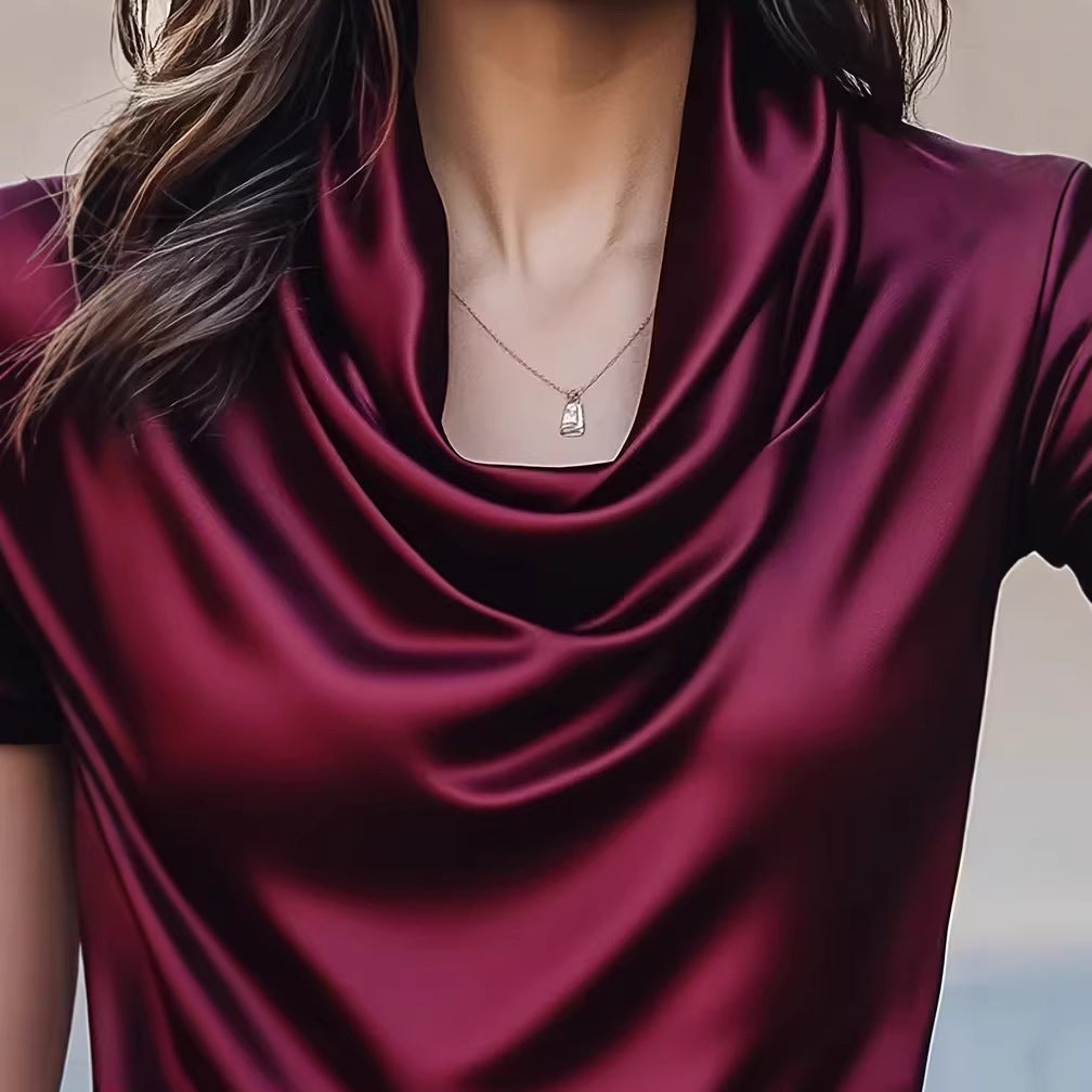 Solid Draped Short Sleeve Top with Cowl Neck