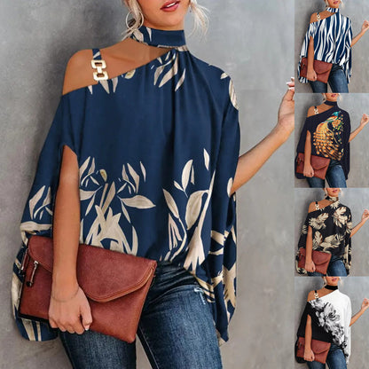 Printed Dolman Sleeve Blouse with Choker Neck and Chain Detail