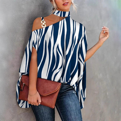 Printed Dolman Sleeve Blouse with Choker Neck and Chain Detail