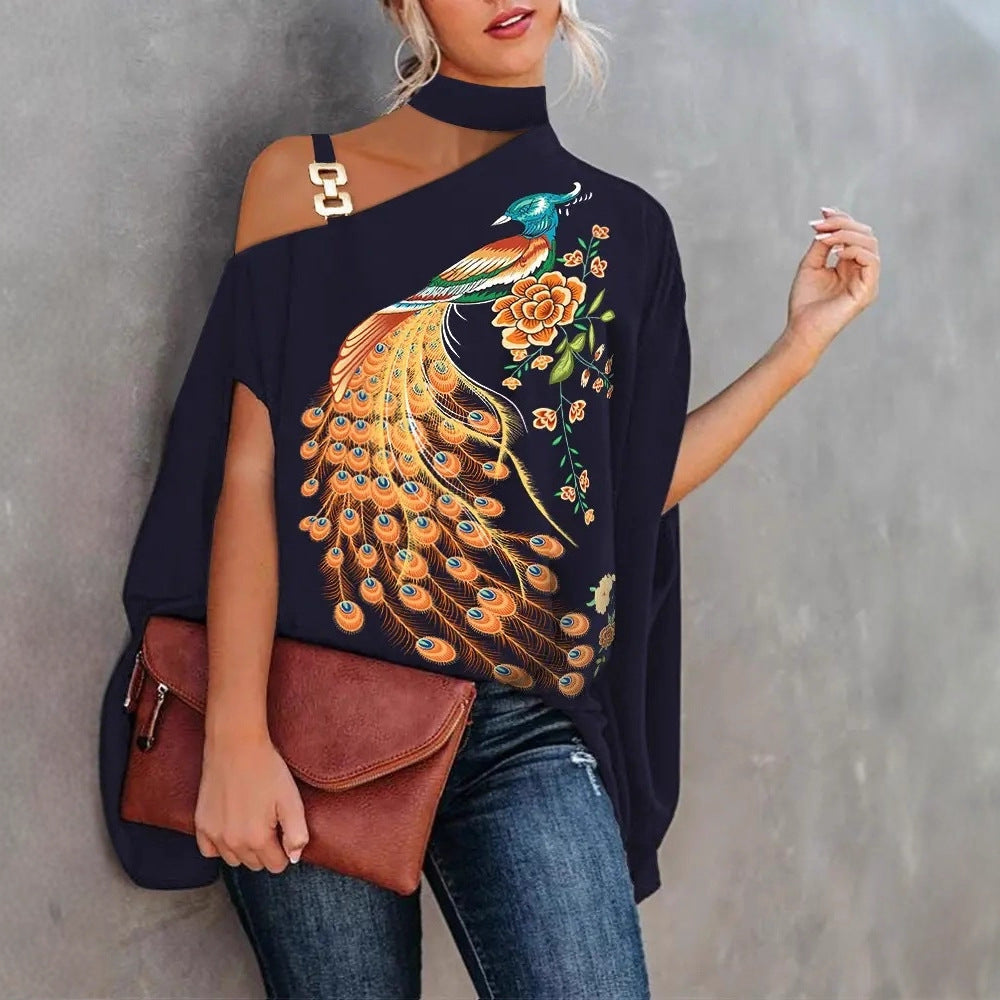 Printed Dolman Sleeve Blouse with Choker Neck and Chain Detail