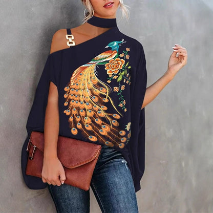 Printed Dolman Sleeve Blouse with Choker Neck and Chain Detail