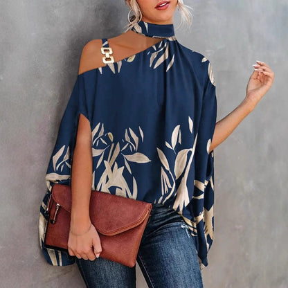 Printed Dolman Sleeve Blouse with Choker Neck and Chain Detail