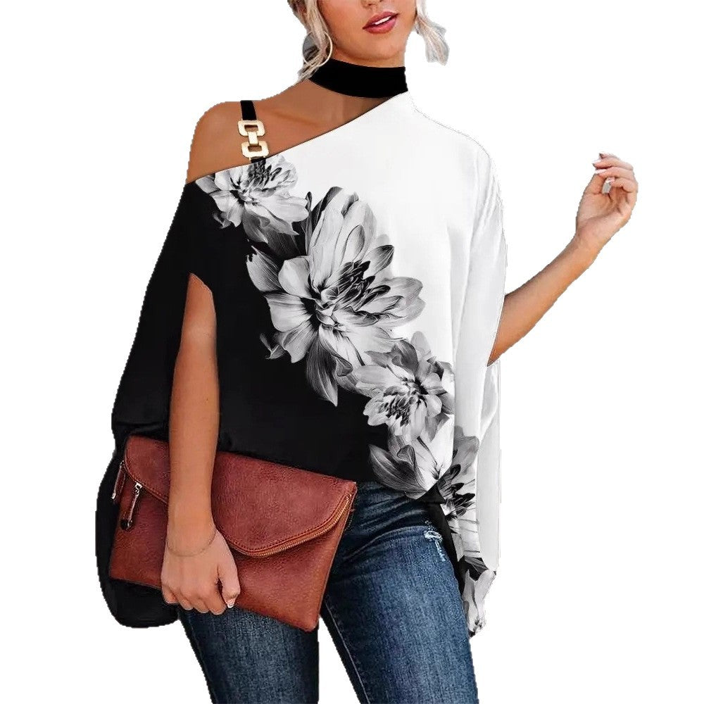Printed Dolman Sleeve Blouse with Choker Neck and Chain Detail