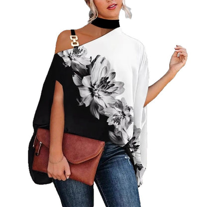 Printed Dolman Sleeve Blouse with Choker Neck and Chain Detail