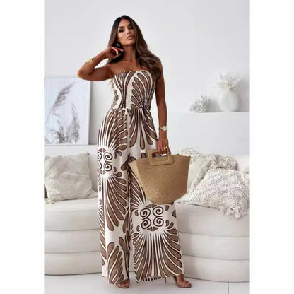 Printed Wide-Leg Jumpsuit with Smocked Tube Top