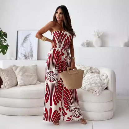 Printed Wide-Leg Jumpsuit with Smocked Tube Top
