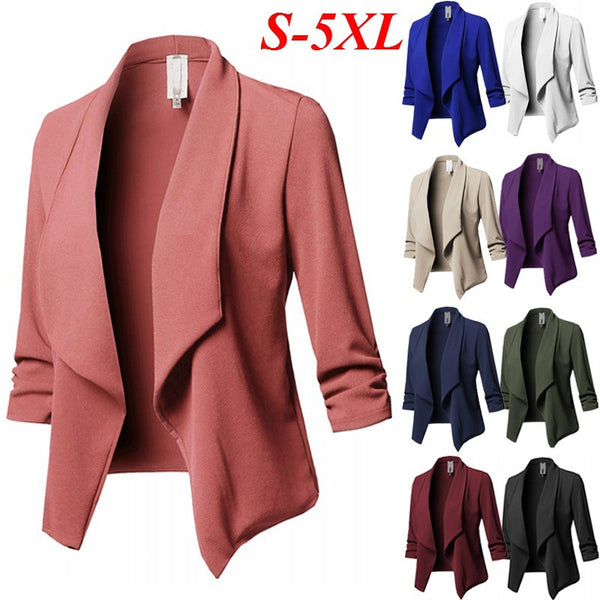 Solid Draped Lapel Blazer with Ruched 3/4 Sleeves