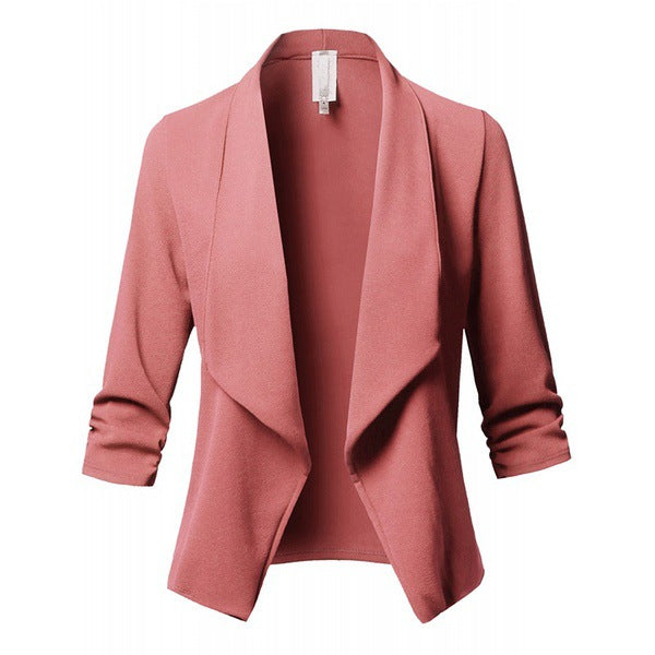 Solid Draped Lapel Blazer with Ruched 3/4 Sleeves