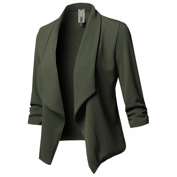 Solid Draped Lapel Blazer with Ruched 3/4 Sleeves