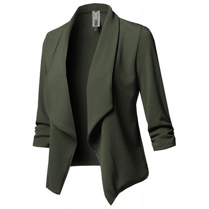 Solid Draped Lapel Blazer with Ruched 3/4 Sleeves