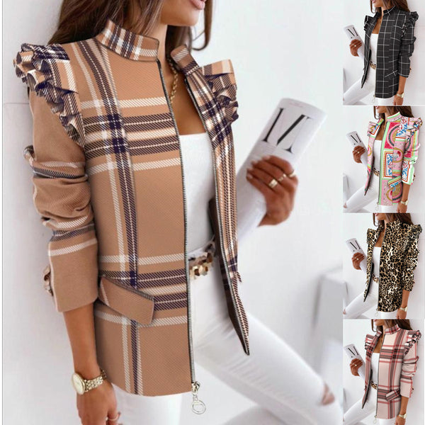 Printed Jacket with Ruffled Shoulders and Zipper Front